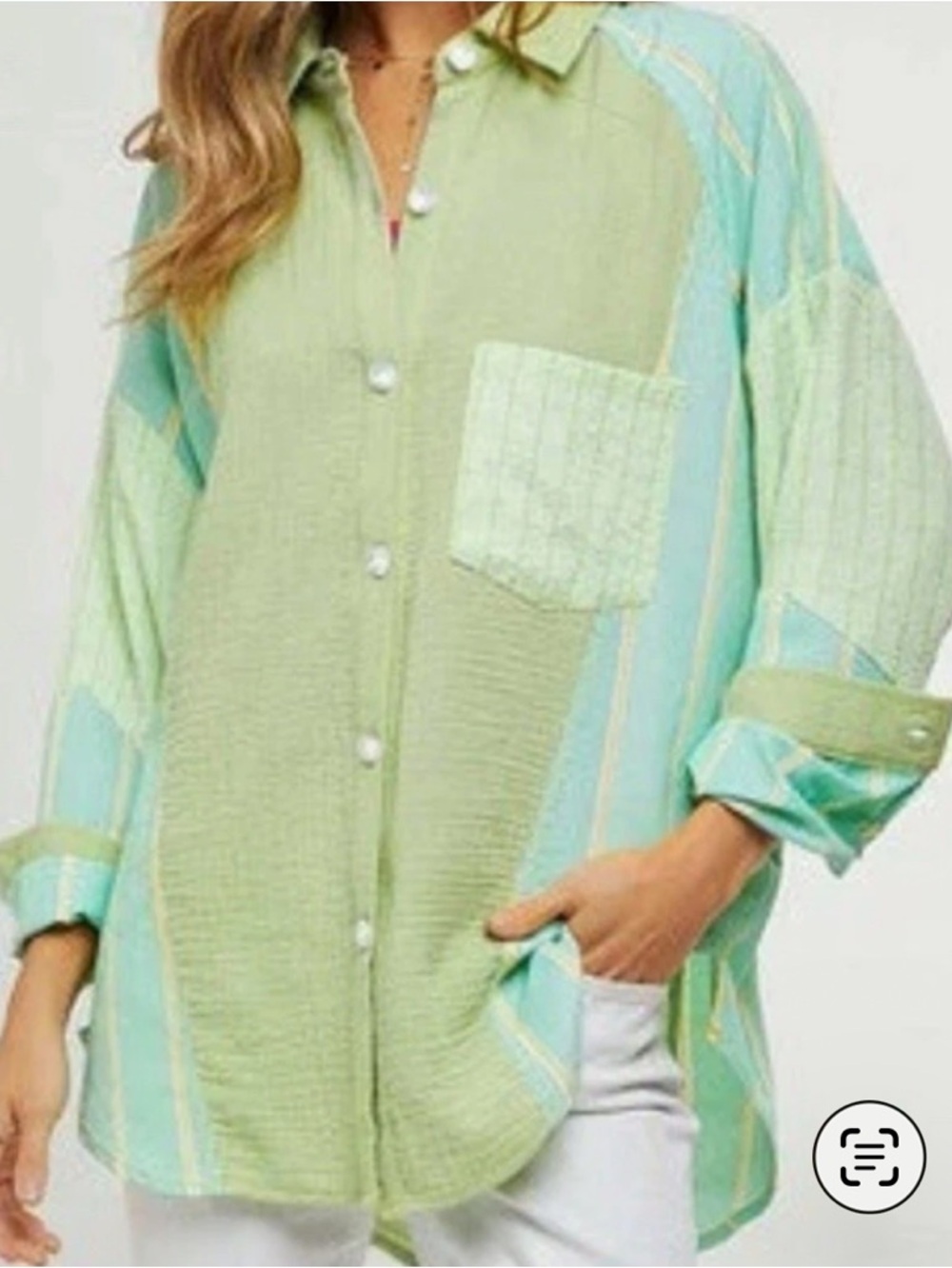 DAVI & DANI Pastel Green and Mint Striped Button-Down Shirt